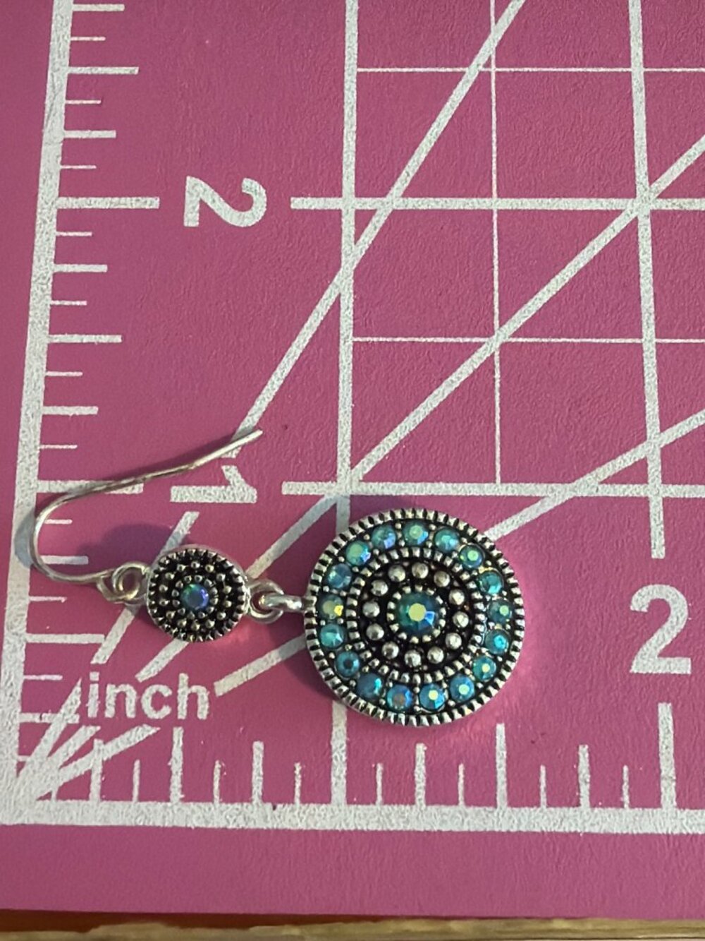 Boho Silver Tone Blue AB Crystal Double Drop Dangle Earrings 1.5" Flash 6.77g - Picture 4 of 5